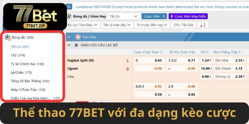 Sảnh thể thao tại 77BET sở hữu đa dạng các kèo cược hấp dẫn